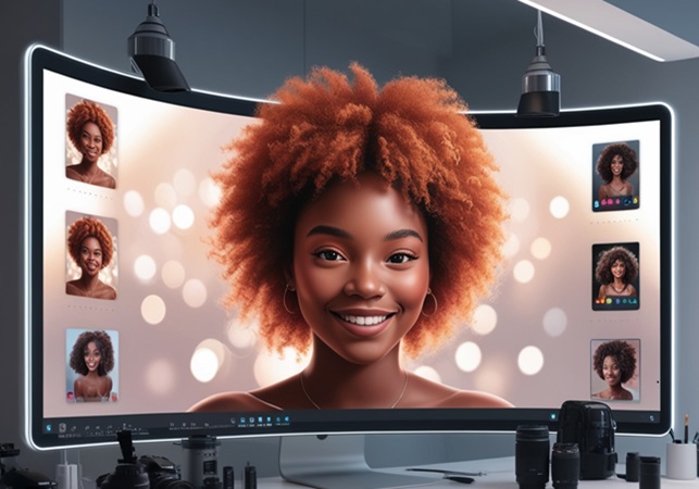 A photo of young woman in ther twenties on the computer screen.