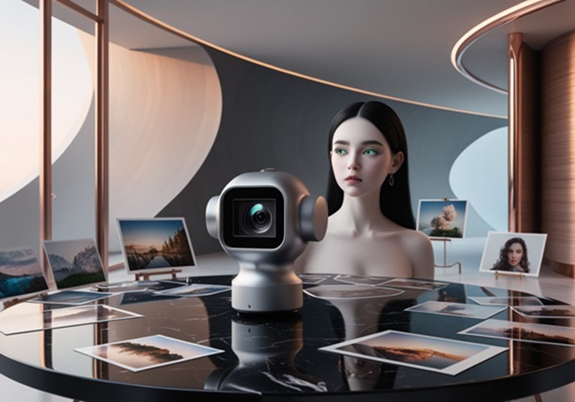 A futuristic and modern illustration of a photographer's workstation with a large, curved computer screen.